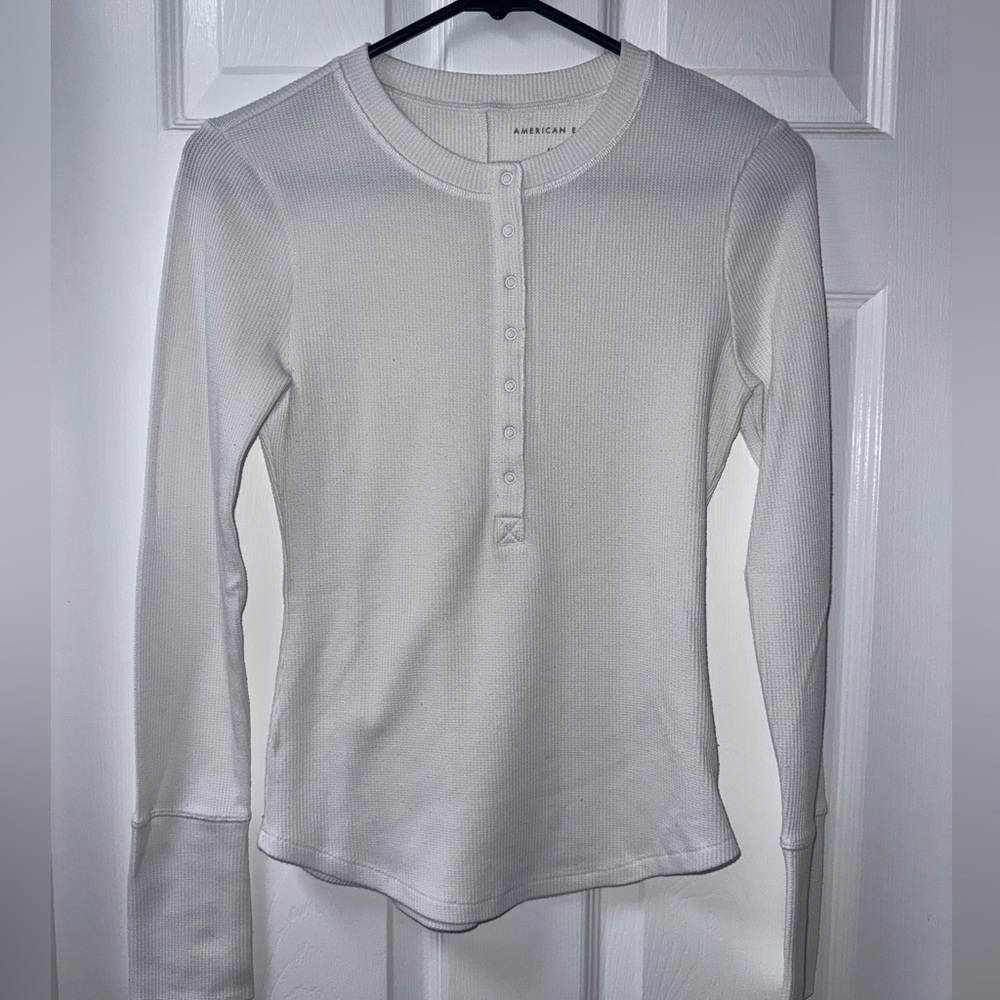 American Eagle Outfitters White Ribbed Henley Thermal Long Sleeve